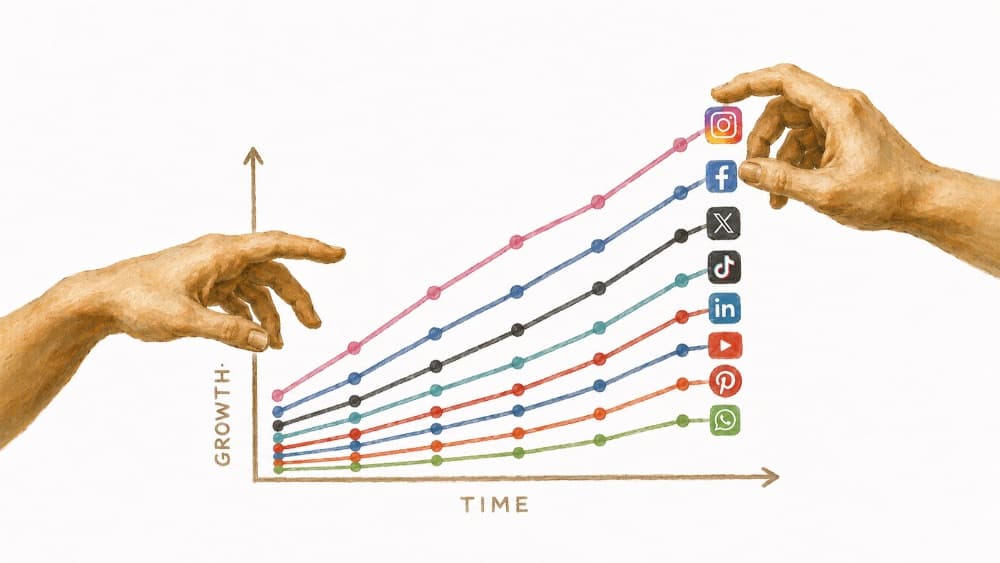 Two hands tending a growing social analytics chart